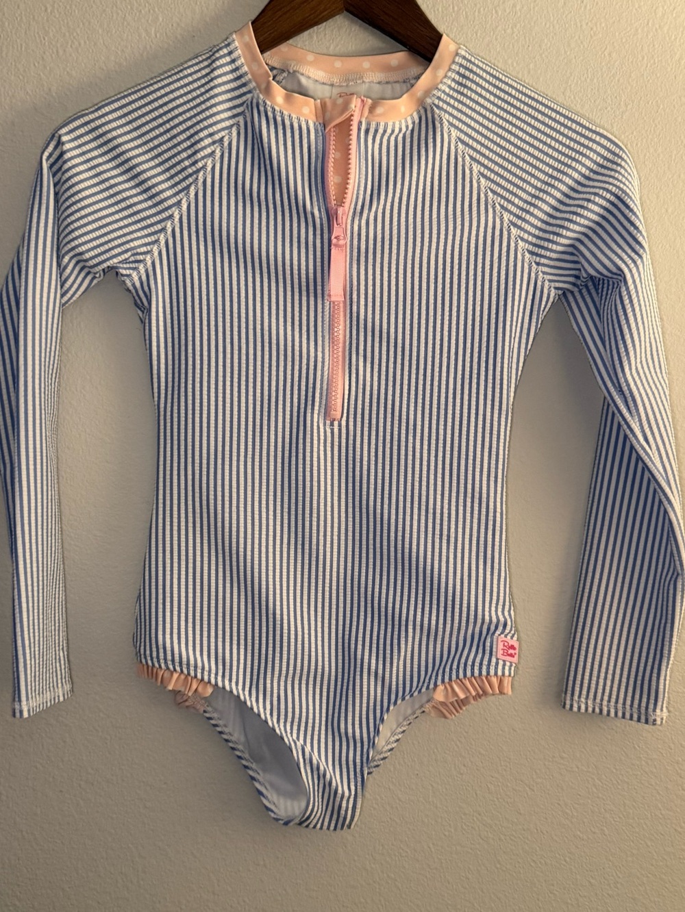 Ruffle Butts Blue & White Stripe Long-Sleeve Rashguard with Pink Trim